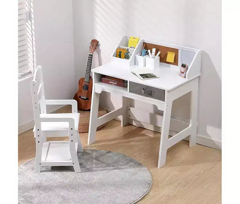 Kids Desk and Chair Set, Wooden Study Table with Storage Bins, Bookshelf, Bulletin Board, and Pen Holder, Writing Table for Boys and Girls