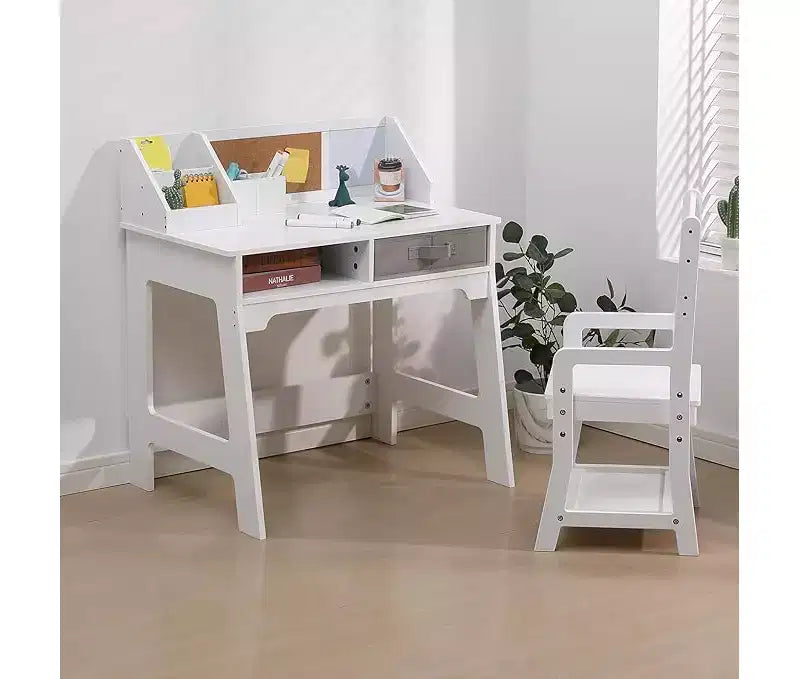 Kids Desk and Chair Set, Wooden Study Table with Storage Bins, Bookshelf, Bulletin Board, and Pen Holder, Writing Table for Boys and Girls