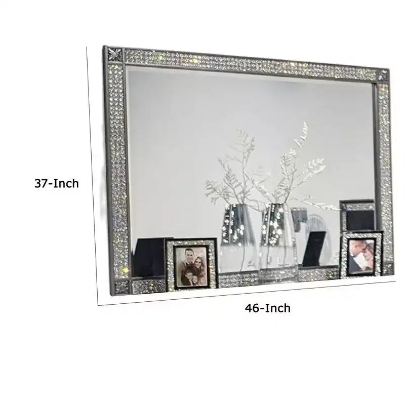 Royal Hampton Dresser Mirror, Crystal Trim Frame, 46 Inch Gray Solid Wood