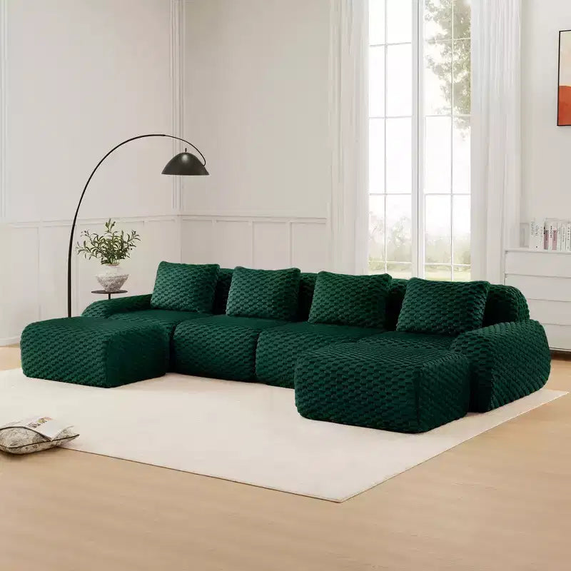 146 U-Shaped Modular Sofa Flannelette 4-Seater Ottoman Buckle No Assembly Green