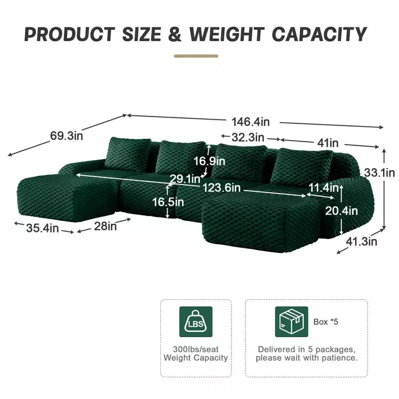 146 U-Shaped Modular Sofa Flannelette 4-Seater Ottoman Buckle No Assembly Green