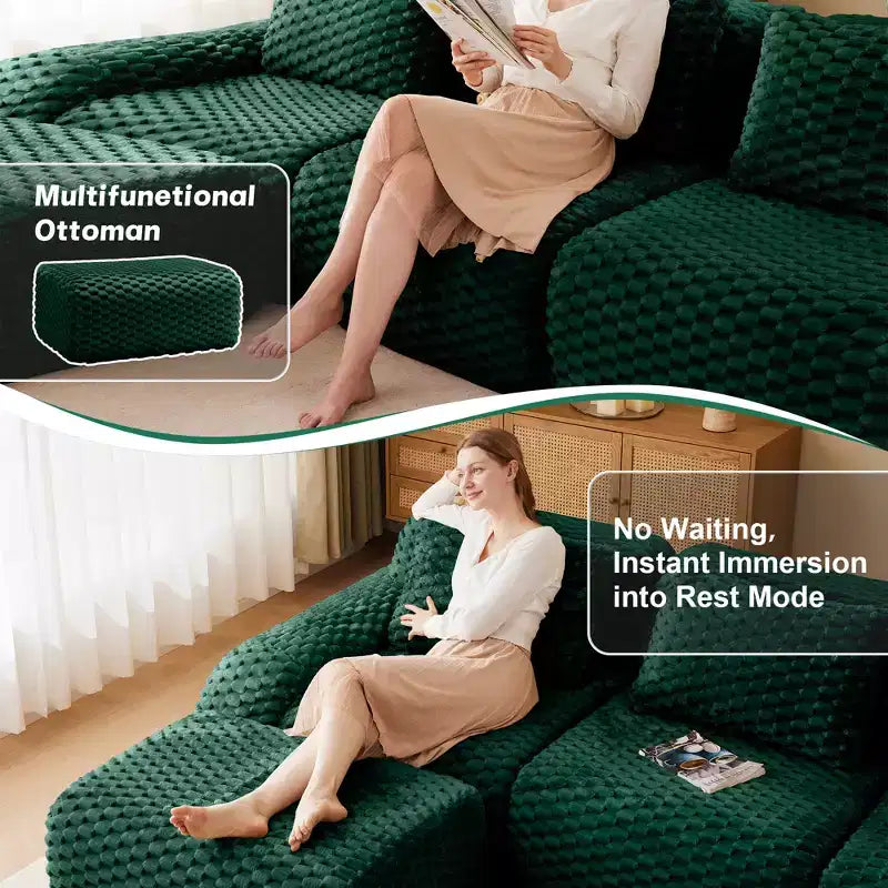 146 U-Shaped Modular Sofa Flannelette 4-Seater Ottoman Buckle No Assembly Green