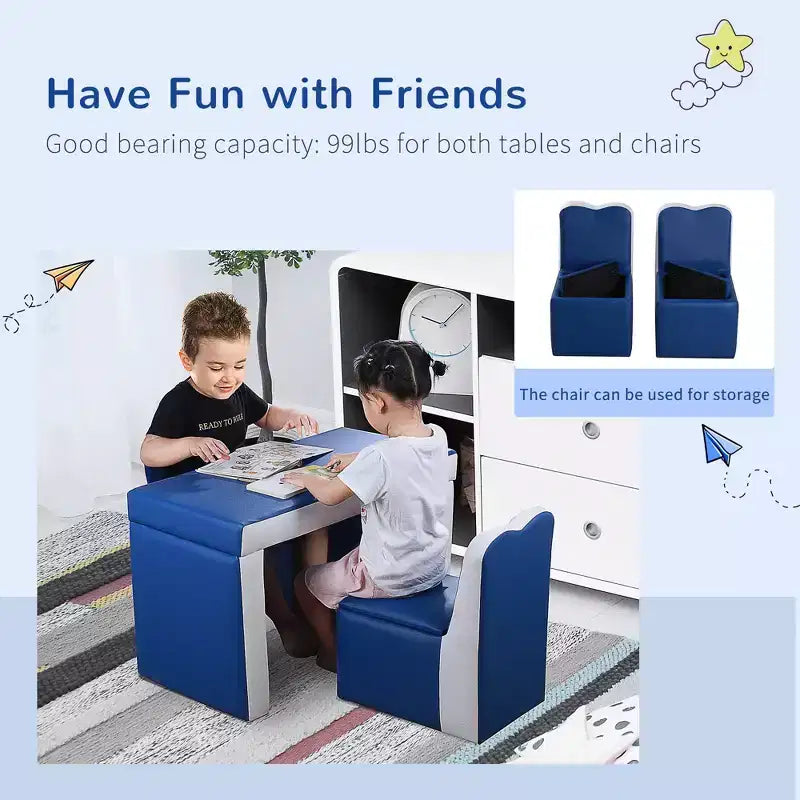 Kids Sofa Set 2-in-1 Multi-Functional Toddler Table Chair Set 2 Seat Couch Storage Box Soft Sturdy