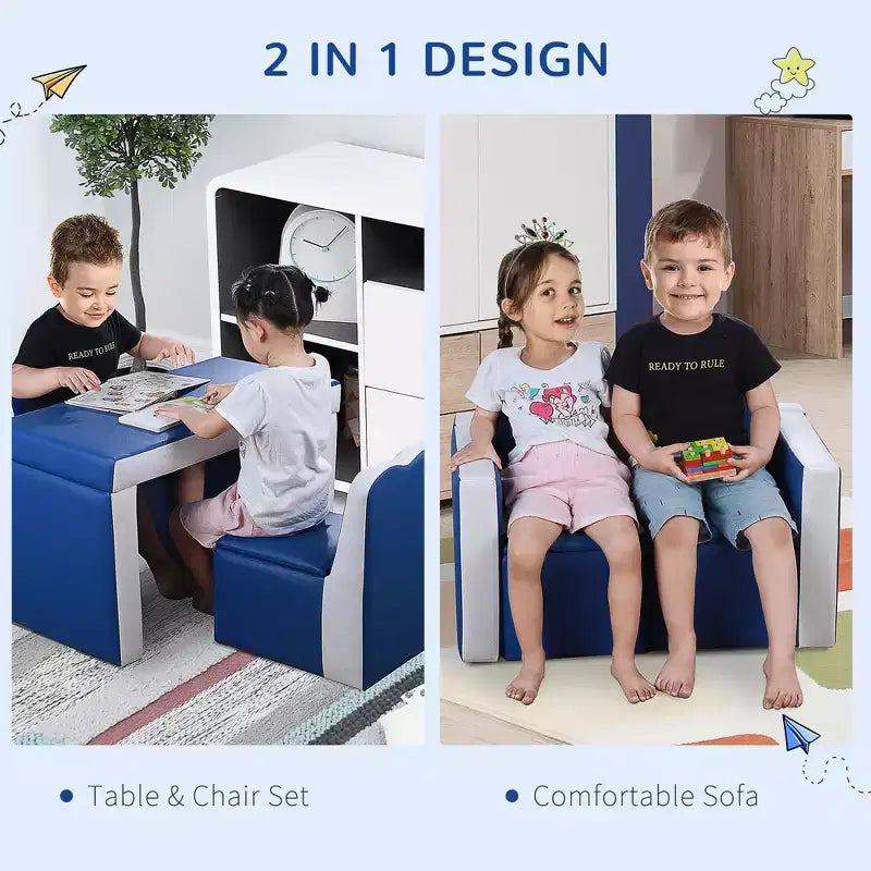 Kids Sofa Set 2-in-1 Multi-Functional Toddler Table Chair Set 2 Seat Couch Storage Box Soft Sturdy