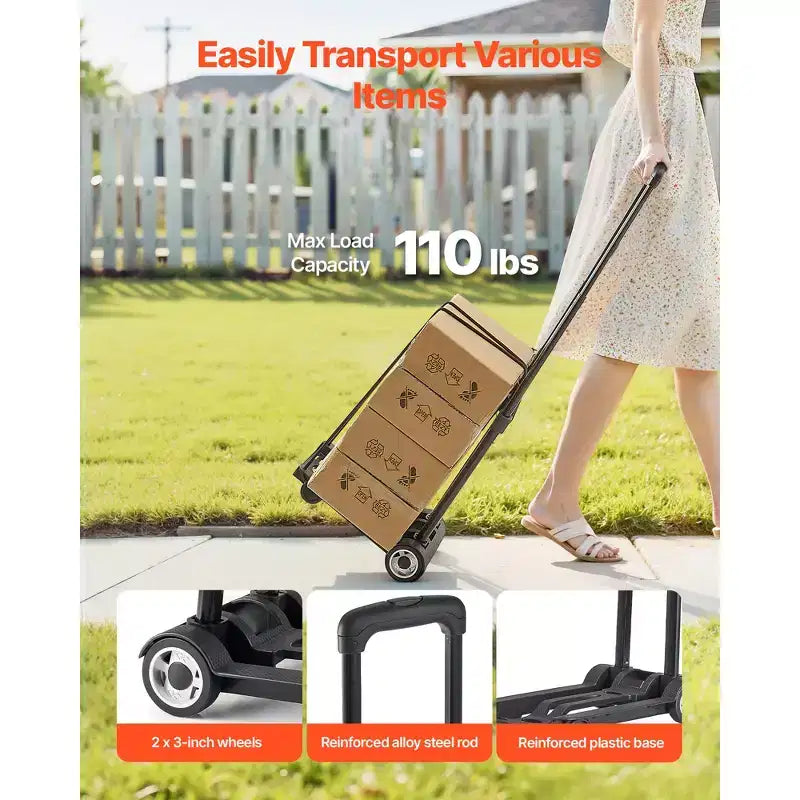VEVOR Folding Hand Truck, 110 lbs Load Capacity, Collapsible Luggage Cart with 2 Wheels & 1 Elastic Rope, Utility Dolly Platform Cart, Black