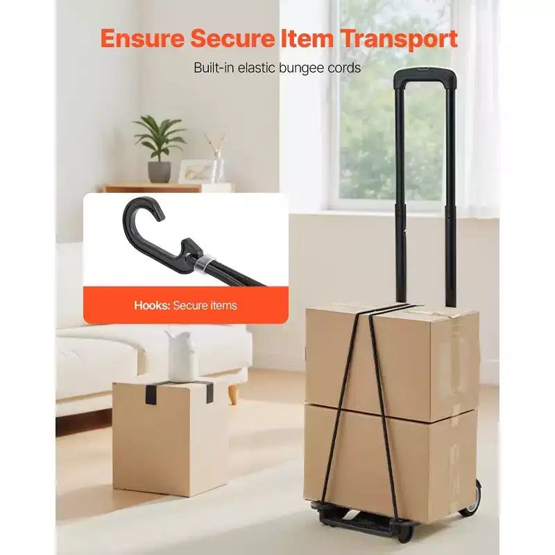 VEVOR Folding Hand Truck, 110 lbs Load Capacity, Collapsible Luggage Cart with 2 Wheels & 1 Elastic Rope, Utility Dolly Platform Cart, Black