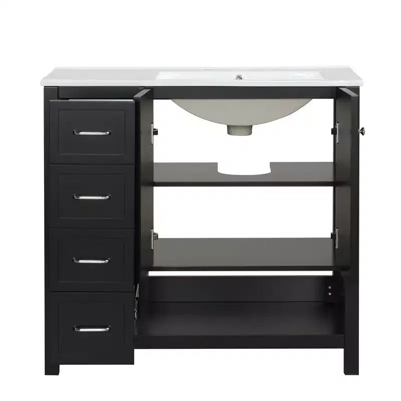 MAYEERTY 36 Bathroom Vanity with Sink Top 2 Doors 2 Drawers Solid Wood Open Shelf MDF Black