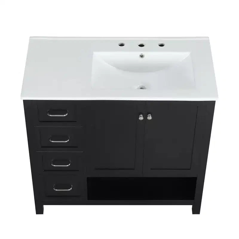 MAYEERTY 36 Bathroom Vanity with Sink Top 2 Doors 2 Drawers Solid Wood Open Shelf MDF Black