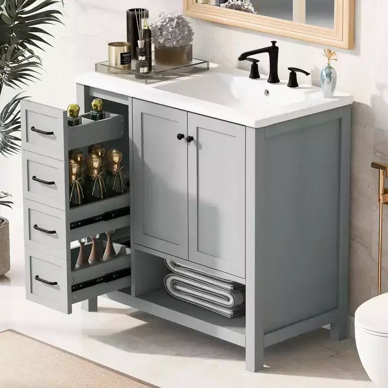 MAYEERTY 36 Bathroom Vanity with Sink Top 2 Doors 2 Drawers Solid Wood Open Shelf MDF Black
