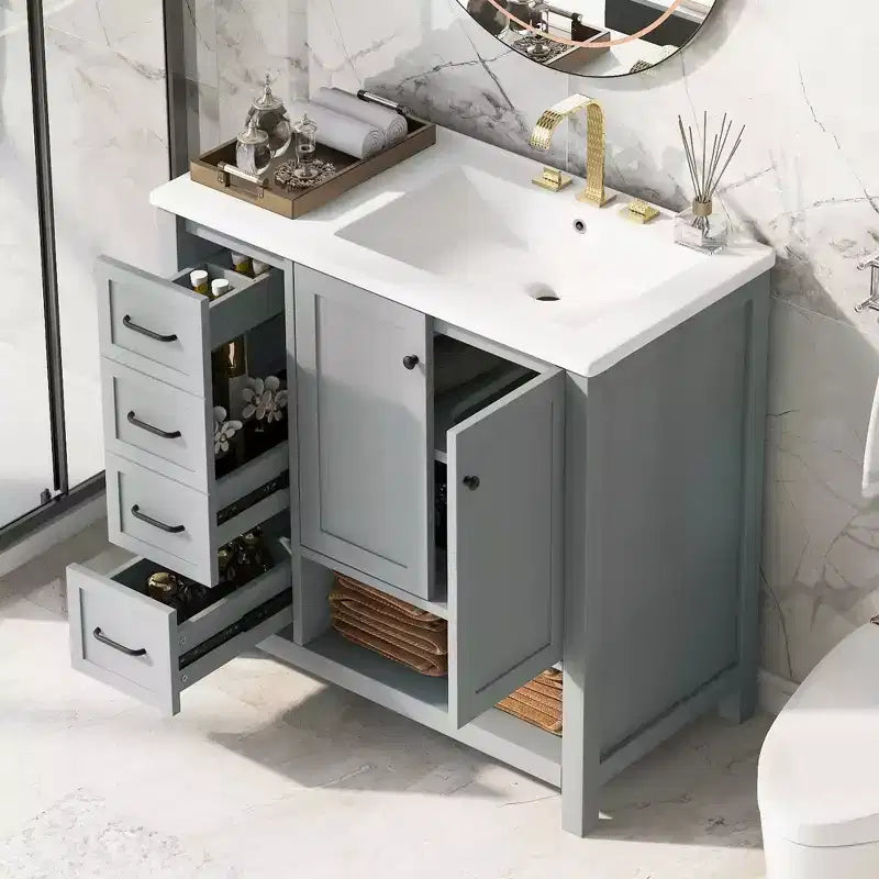 MAYEERTY 36 Bathroom Vanity with Sink Top 2 Doors 2 Drawers Solid Wood Open Shelf MDF Black