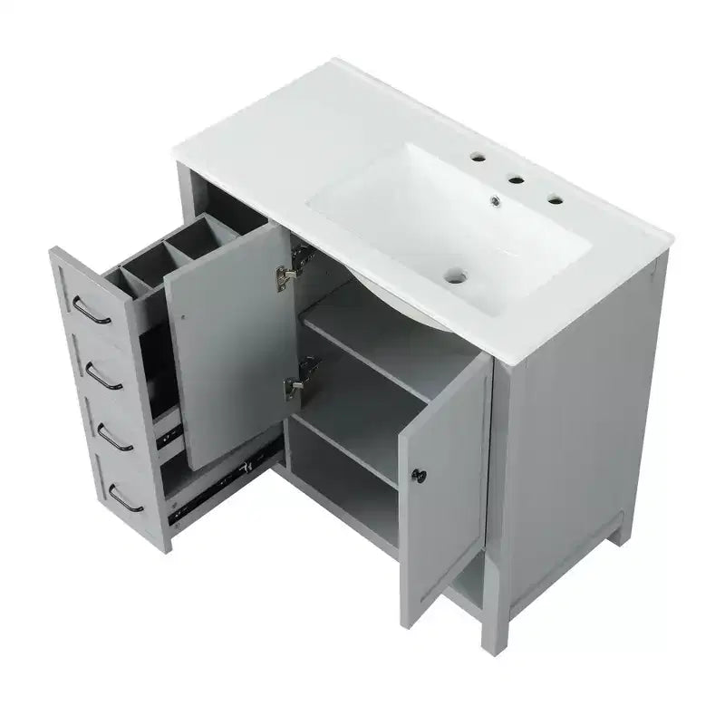 MAYEERTY 36 Bathroom Vanity with Sink Top 2 Doors 2 Drawers Solid Wood Open Shelf MDF Black