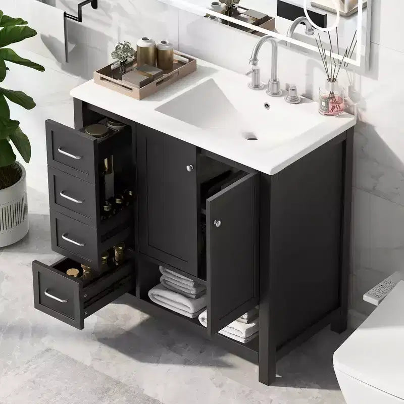 MAYEERTY 36 Bathroom Vanity with Sink Top 2 Doors 2 Drawers Solid Wood Open Shelf MDF Black