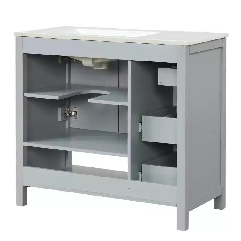 MAYEERTY 36 Bathroom Vanity with Sink Top 2 Doors 2 Drawers Solid Wood Open Shelf MDF Black