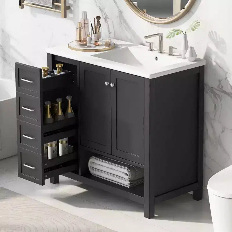 MAYEERTY 36 Bathroom Vanity with Sink Top 2 Doors 2 Drawers Solid Wood Open Shelf MDF Black