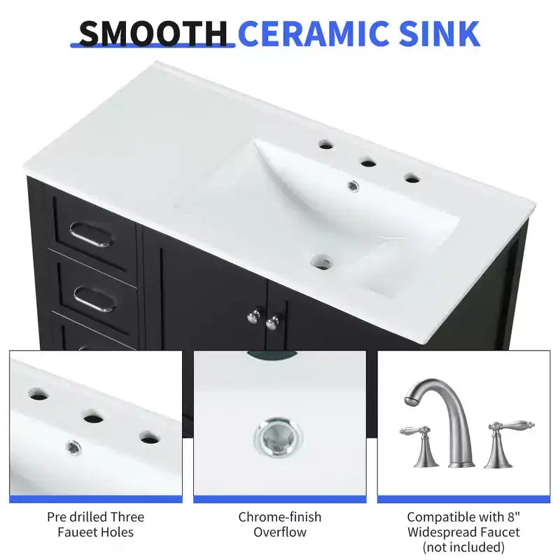 MAYEERTY 36 Bathroom Vanity with Sink Top 2 Doors 2 Drawers Solid Wood Open Shelf MDF Black