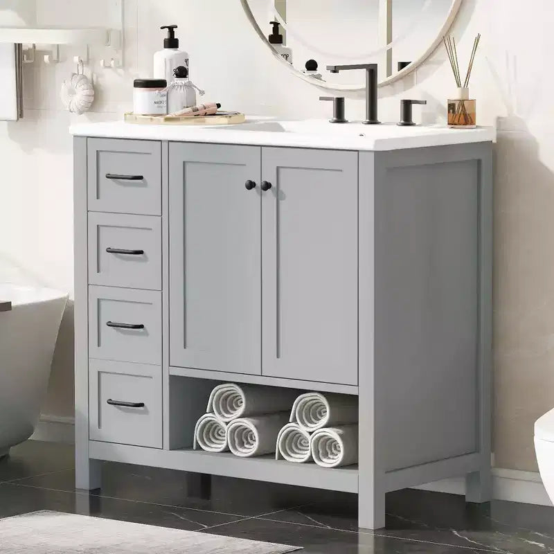 MAYEERTY 36 Bathroom Vanity with Sink Top 2 Doors 2 Drawers Solid Wood Open Shelf MDF Black