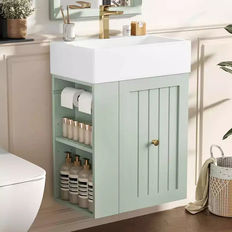 MAYEERTY 20 Bathroom Vanity Ceramic Sink MDF Storage Drawer Side Shelf Golden Handle Small Bathroom