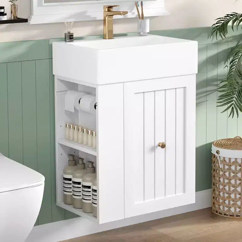 MAYEERTY 20 Bathroom Vanity Ceramic Sink MDF Storage Drawer Side Shelf Golden Handle Small Bathroom