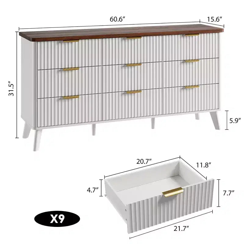 Fluted Dresser for Bedroom with 9 Deep Drawers, 60.6 in Wide Modern Chest of Drawers