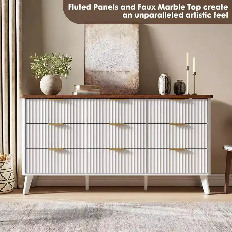 Fluted Dresser for Bedroom with 9 Deep Drawers, 60.6 in Wide Modern Chest of Drawers
