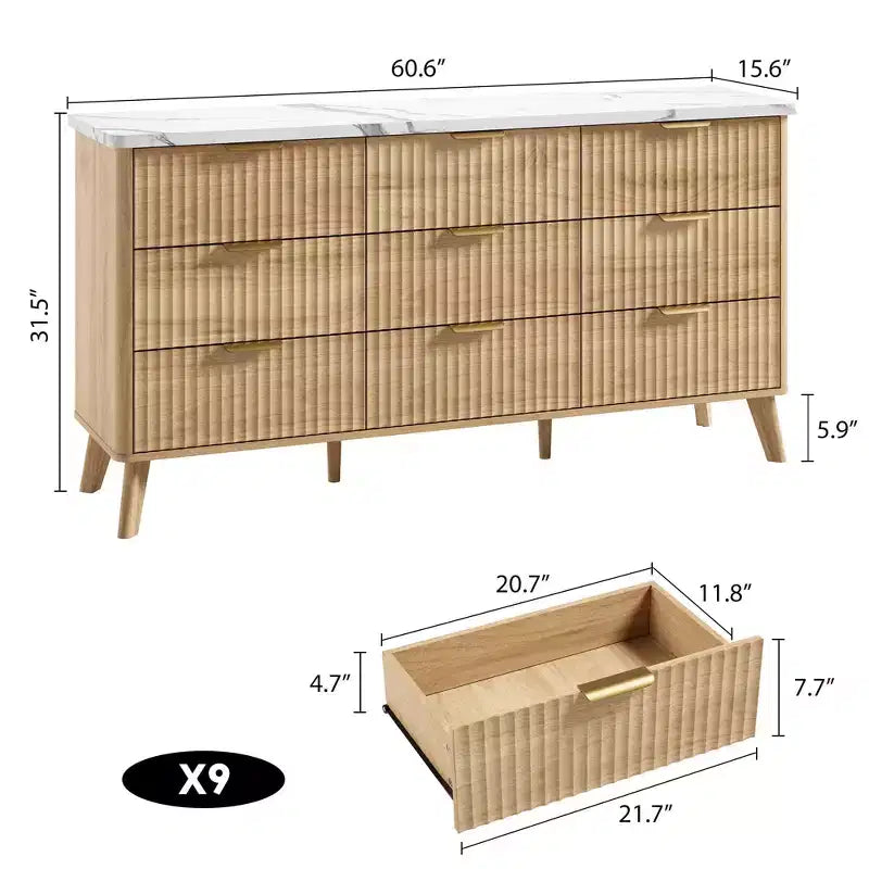 Fluted Dresser for Bedroom with 9 Deep Drawers, 60.6 in Wide Modern Chest of Drawers