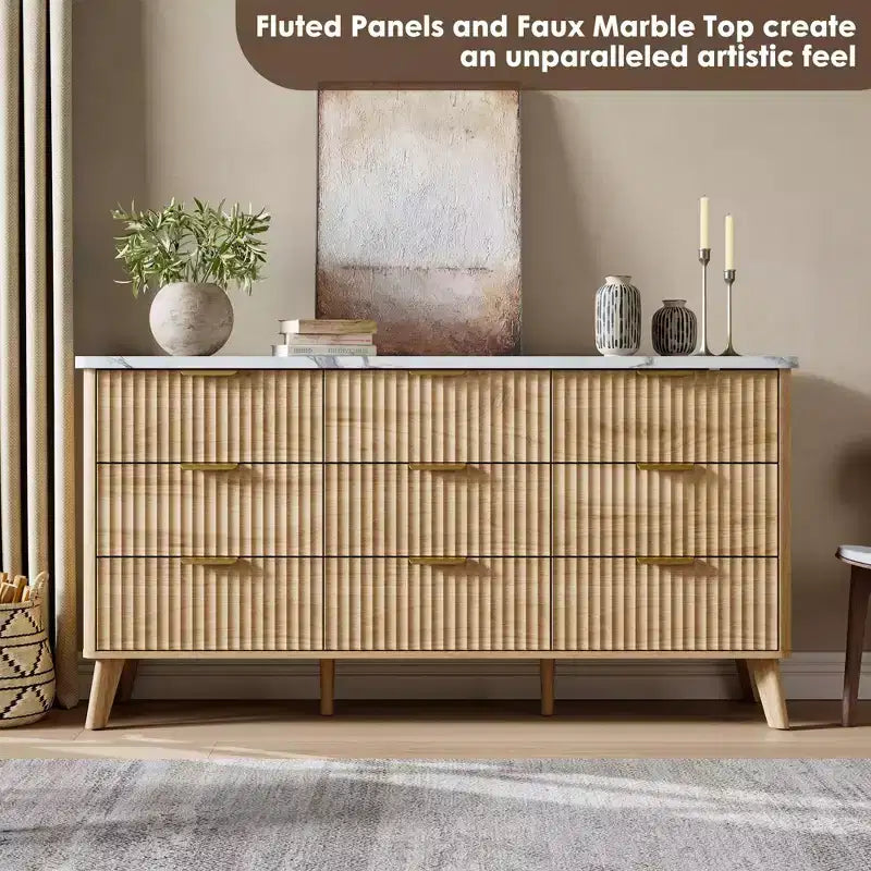 Fluted Dresser for Bedroom with 9 Deep Drawers, 60.6 in Wide Modern Chest of Drawers