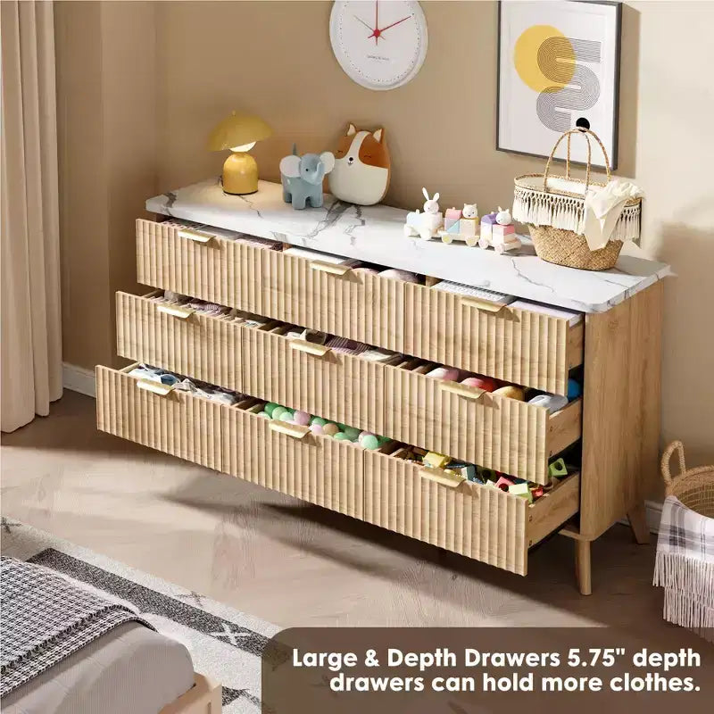 Fluted Dresser for Bedroom with 9 Deep Drawers, 60.6 in Wide Modern Chest of Drawers