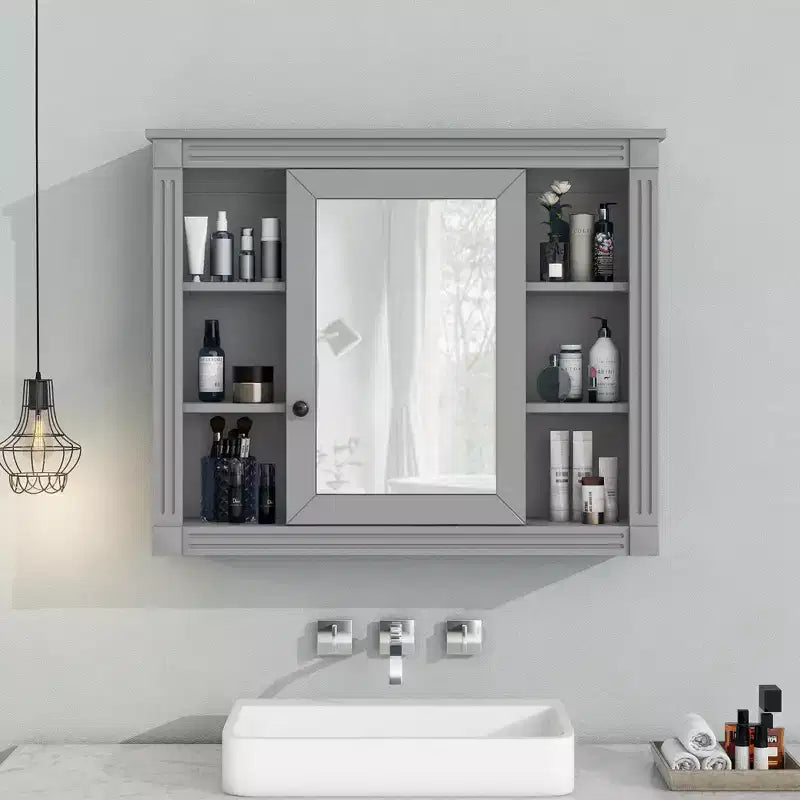 MAYEERTY 28.7 Wall Mounted Bathroom Mirror Cabinet with Concealed Storage 6 Open Shelves Medicine Cabinet Gray