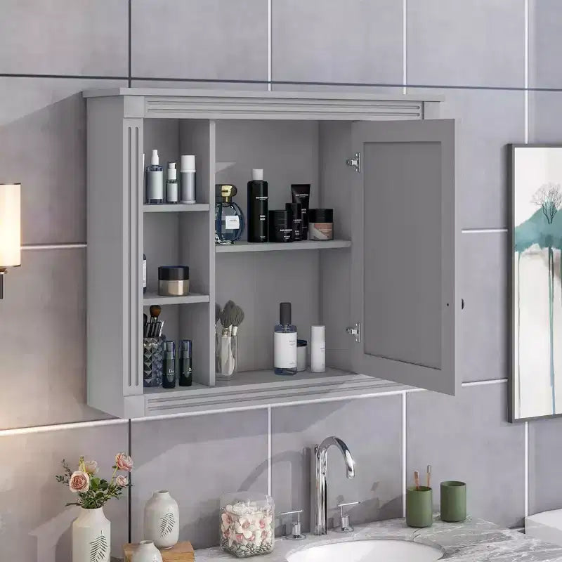 MAYEERTY 28.7 Wall Mounted Bathroom Mirror Cabinet with Concealed Storage 6 Open Shelves Medicine Cabinet Gray