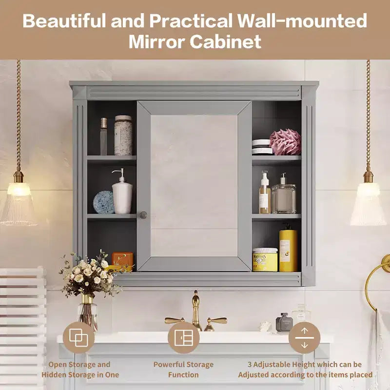 MAYEERTY 28.7 Wall Mounted Bathroom Mirror Cabinet with Concealed Storage 6 Open Shelves Medicine Cabinet Gray