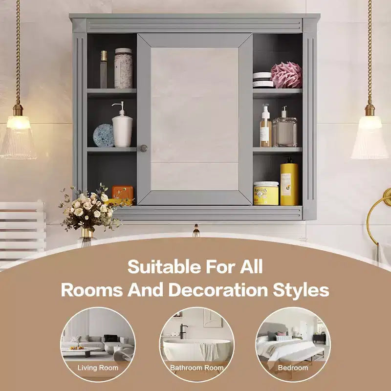 MAYEERTY 28.7 Wall Mounted Bathroom Mirror Cabinet with Concealed Storage 6 Open Shelves Medicine Cabinet Gray