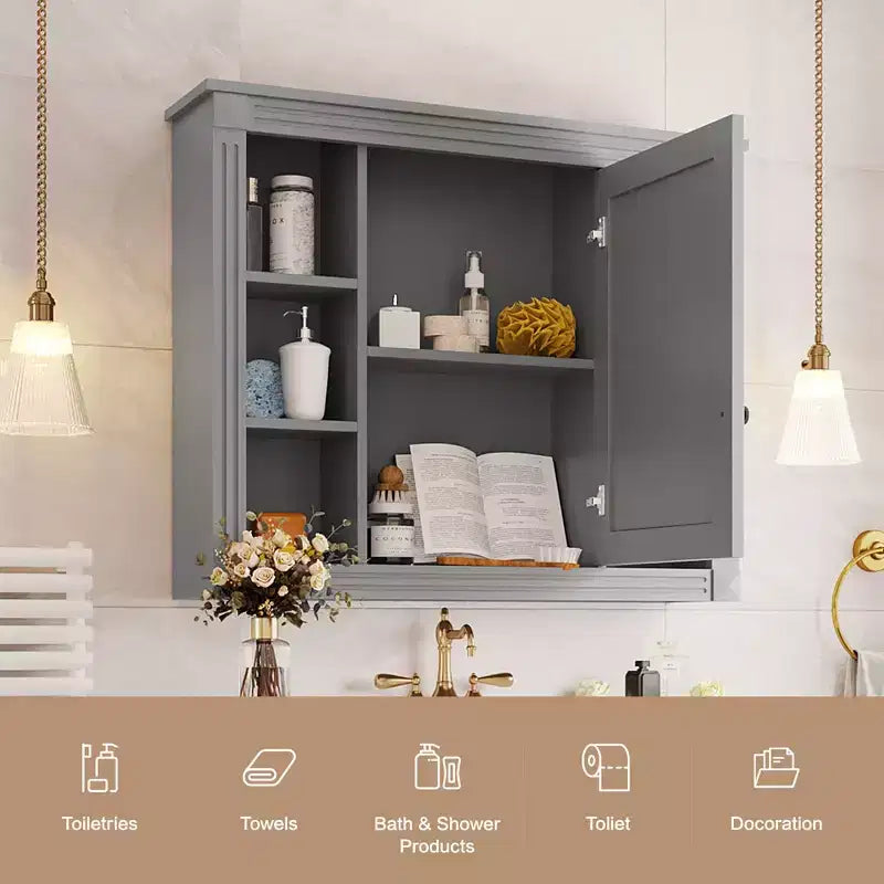 MAYEERTY 28.7 Wall Mounted Bathroom Mirror Cabinet with Concealed Storage 6 Open Shelves Medicine Cabinet Gray