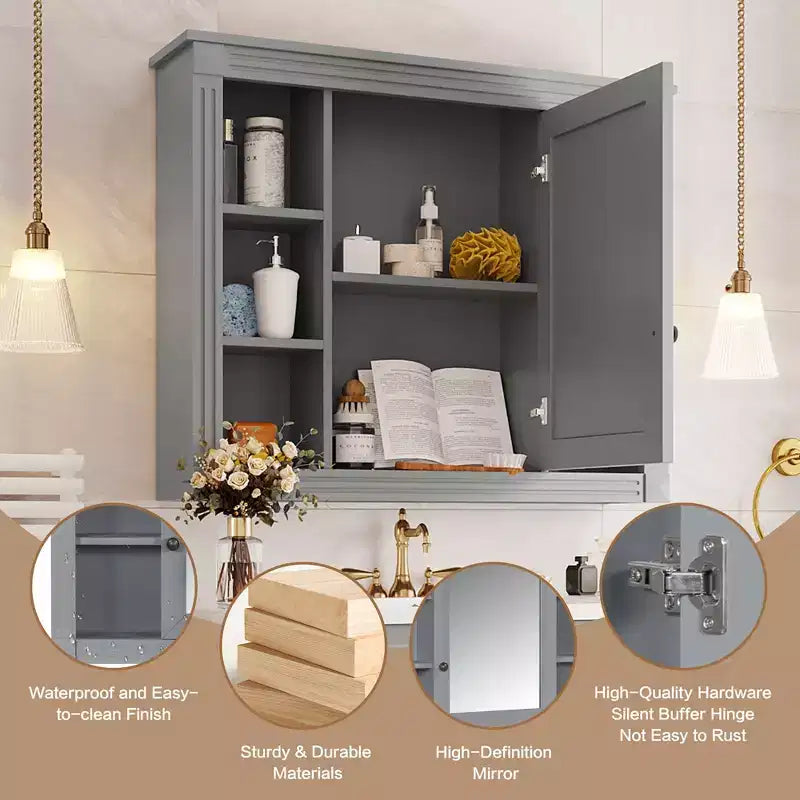 MAYEERTY 28.7 Wall Mounted Bathroom Mirror Cabinet with Concealed Storage 6 Open Shelves Medicine Cabinet Gray