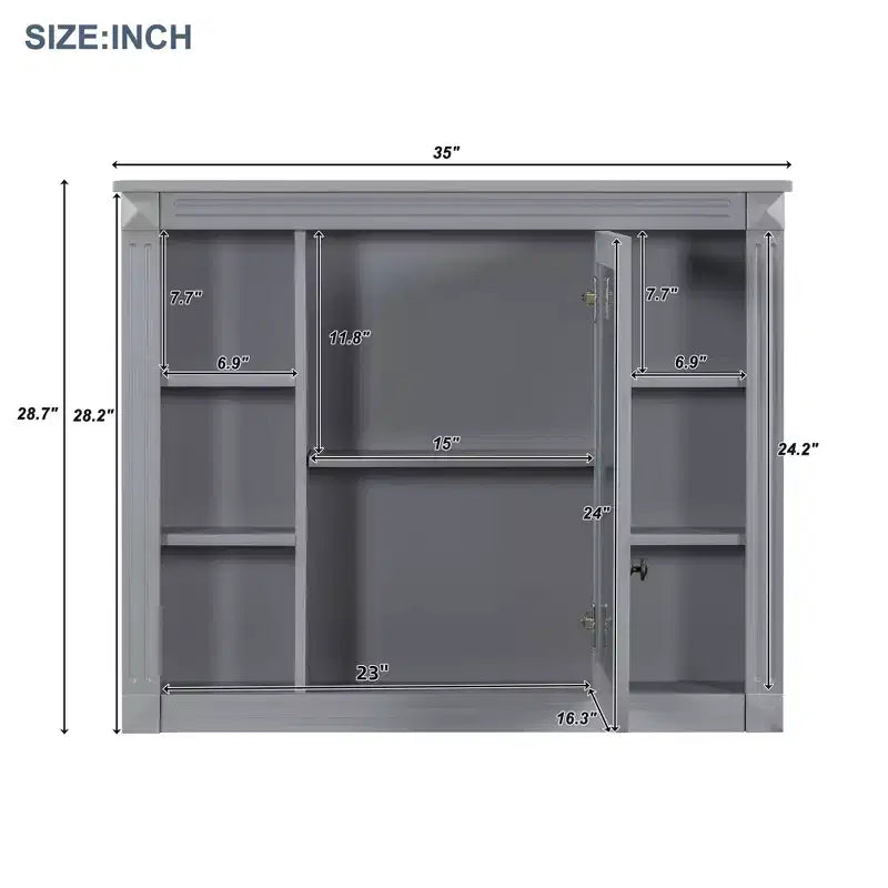 MAYEERTY 28.7 Wall Mounted Bathroom Mirror Cabinet with Concealed Storage 6 Open Shelves Medicine Cabinet Gray