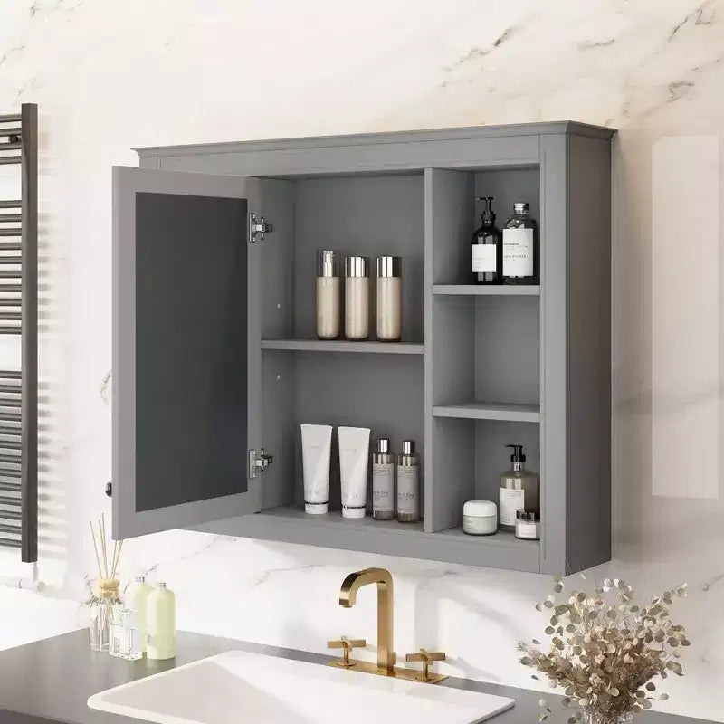 MAYEERTY 27.5 Medicine Cabinet, Wall Mounted Bathroom Storage Cabinet with Mirror 6 Open Shelves Modern Gray