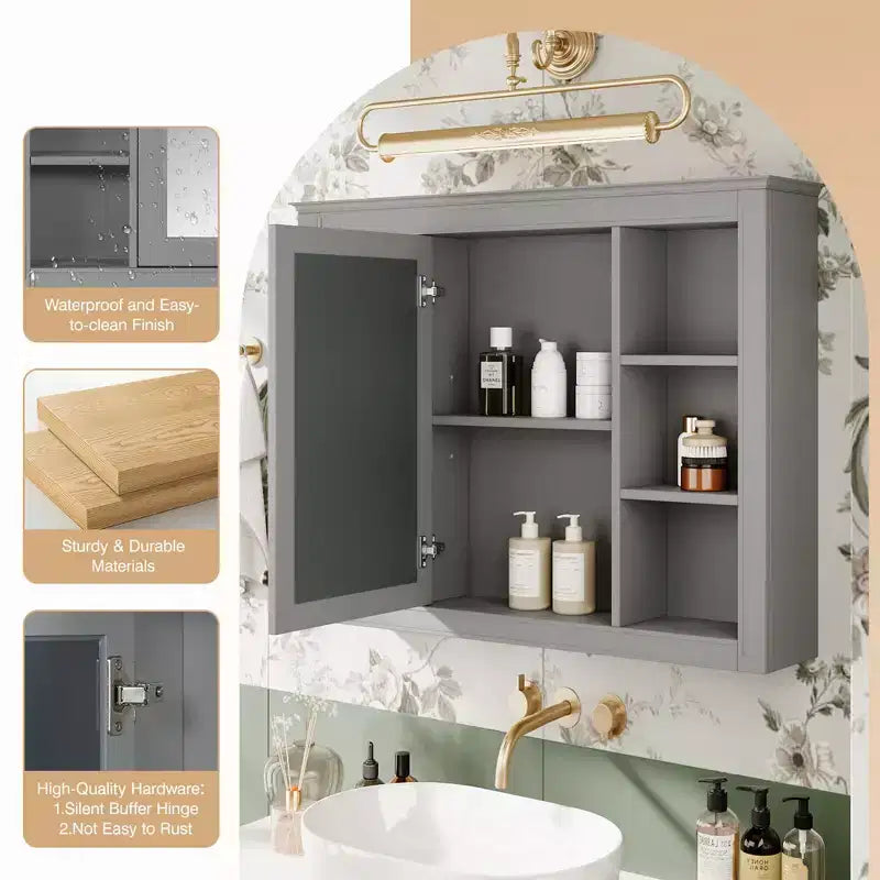 MAYEERTY 27.5 Medicine Cabinet, Wall Mounted Bathroom Storage Cabinet with Mirror 6 Open Shelves Modern Gray