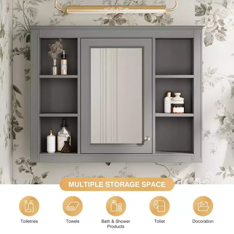MAYEERTY 27.5 Medicine Cabinet, Wall Mounted Bathroom Storage Cabinet with Mirror 6 Open Shelves Modern Gray
