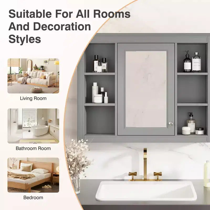 MAYEERTY 27.5 Medicine Cabinet, Wall Mounted Bathroom Storage Cabinet with Mirror 6 Open Shelves Modern Gray