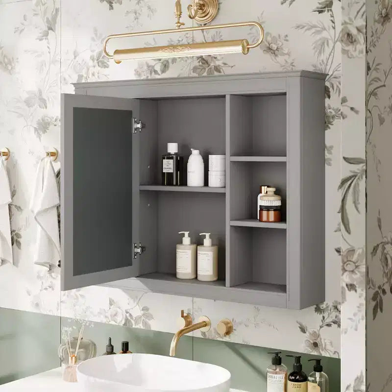 MAYEERTY 27.5 Medicine Cabinet, Wall Mounted Bathroom Storage Cabinet with Mirror 6 Open Shelves Modern Gray
