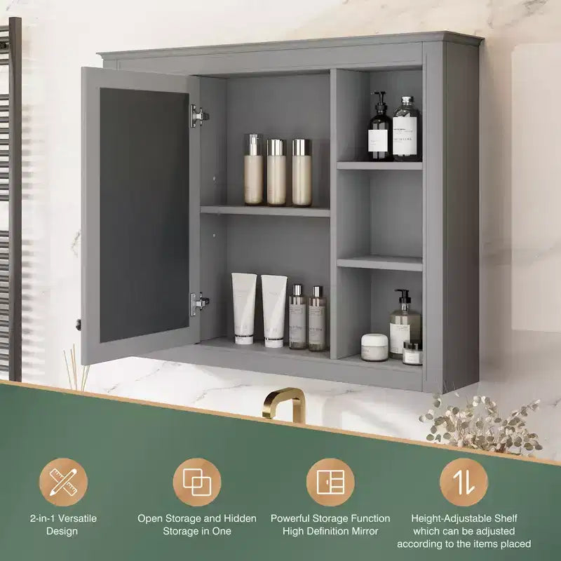 MAYEERTY 27.5 Medicine Cabinet, Wall Mounted Bathroom Storage Cabinet with Mirror 6 Open Shelves Modern Gray