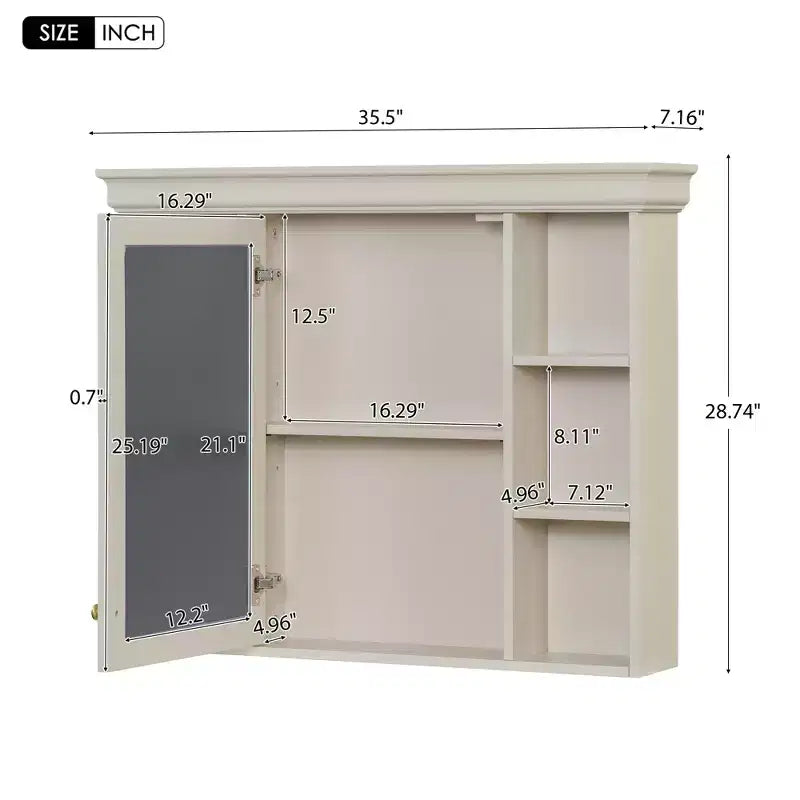 MAYEERTY 28.74 Wall Mounted Bathroom Storage Cabinet with Mirror Door 6 Open Shelves, Modern Bathroom Wall Cabinet Beige
