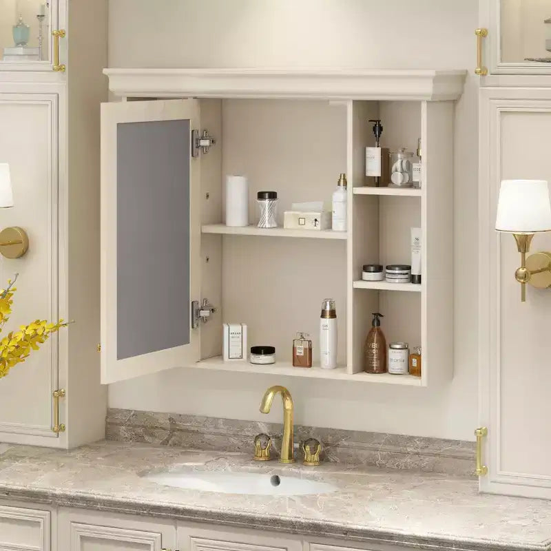 MAYEERTY 28.74 Wall Mounted Bathroom Storage Cabinet with Mirror Door 6 Open Shelves, Modern Bathroom Wall Cabinet Beige