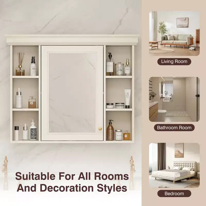 MAYEERTY 28.74 Wall Mounted Bathroom Storage Cabinet with Mirror Door 6 Open Shelves, Modern Bathroom Wall Cabinet Beige