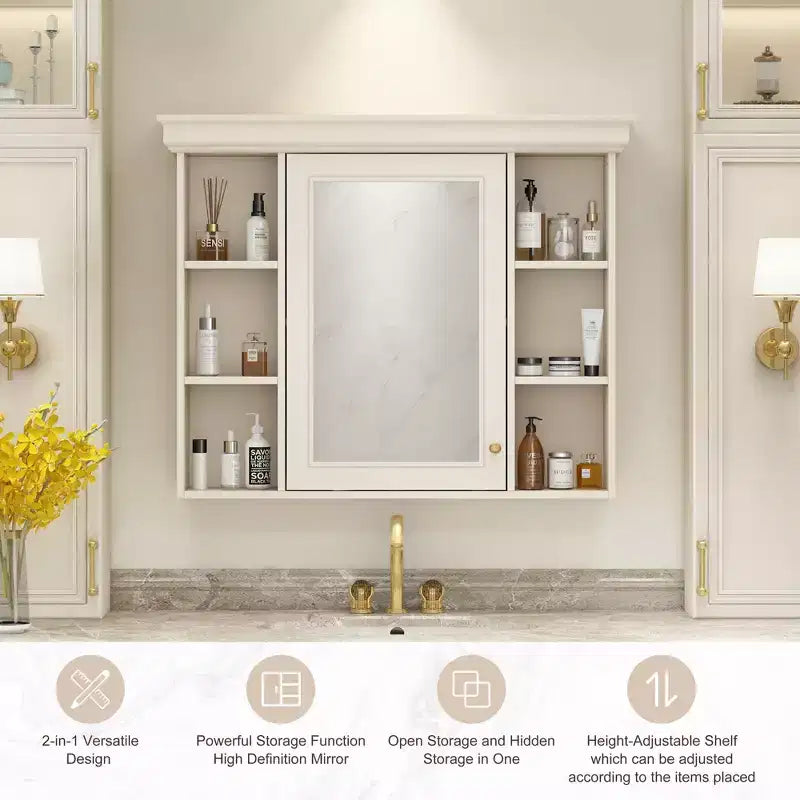 MAYEERTY 28.74 Wall Mounted Bathroom Storage Cabinet with Mirror Door 6 Open Shelves, Modern Bathroom Wall Cabinet Beige