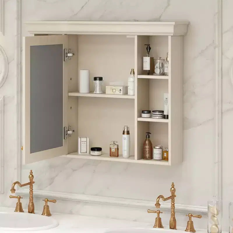 MAYEERTY 28.74 Wall Mounted Bathroom Storage Cabinet with Mirror Door 6 Open Shelves, Modern Bathroom Wall Cabinet Beige