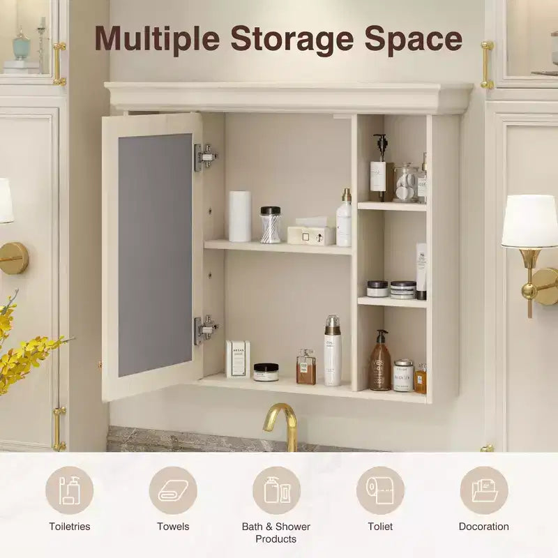 MAYEERTY 28.74 Wall Mounted Bathroom Storage Cabinet with Mirror Door 6 Open Shelves, Modern Bathroom Wall Cabinet Beige