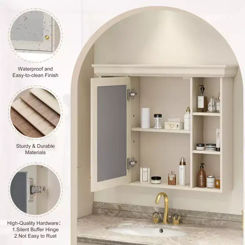 MAYEERTY 28.74 Wall Mounted Bathroom Storage Cabinet with Mirror Door 6 Open Shelves, Modern Bathroom Wall Cabinet Beige