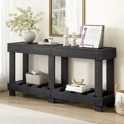 62.9 Farmhouse Entryway Console Table with Storage Shelf, Solid Fir Wood Hallway Table with Metal Rivet Accents for Living Room - Panipeachy