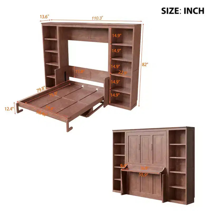 Whisen Full Size Murphy Bed & Bed Frame with Desk and Bookshelf, Space-saving Design