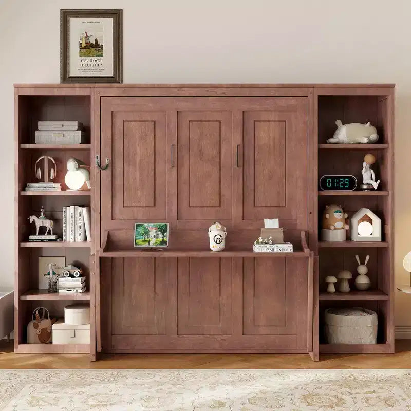 Whisen Full Size Murphy Bed & Bed Frame with Desk and Bookshelf, Space-saving Design